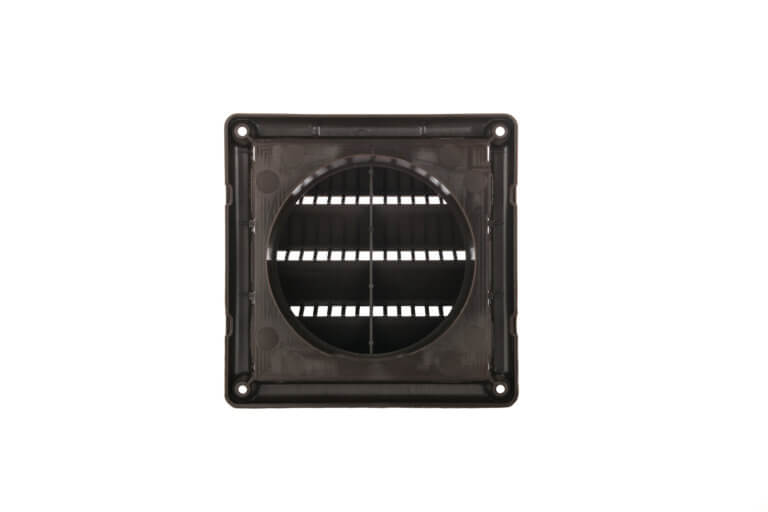 Black plastic square wall vent with horizontal slats for ventilation