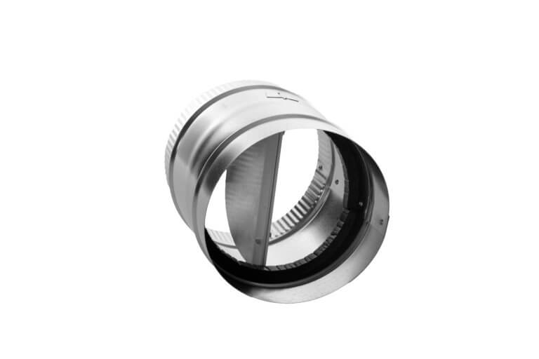 Side view of FAMCO butterfly backdraft damper while open, in galvanized steel.