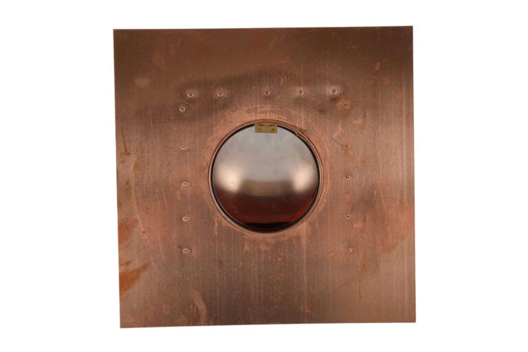 Bottom view of a copper vent with a round opening and square base.