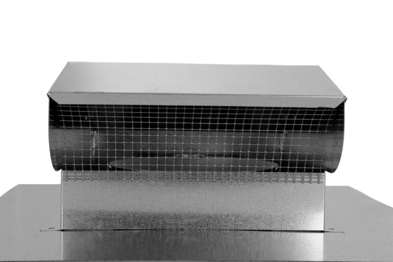 Front view of a metallic wall vent with a mesh screen and rectangular hood.