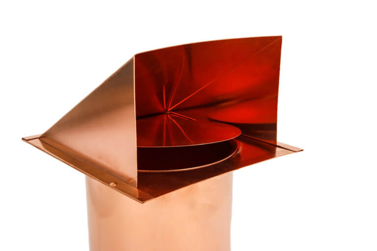 Inside view of FAMCO hooded wall vent with damper (no screen) in copper.