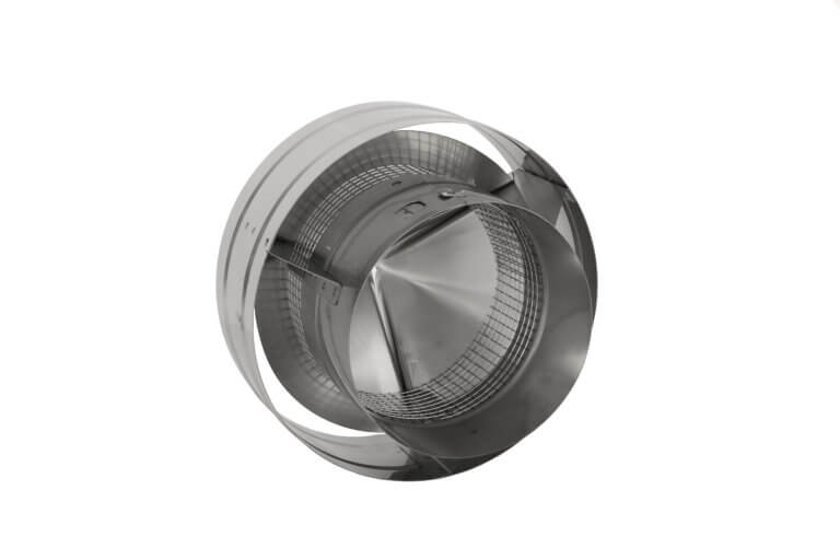 Stainless steel inline backdraft damper with a mesh screen for HVAC systems.