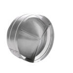 Round stainless steel backdraft damper designed to prevent reverse airflow in duct systems.