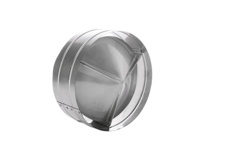 Round stainless steel backdraft damper designed to prevent reverse airflow in duct systems.