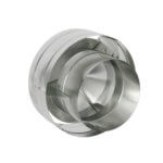 Stainless steel inline backdraft damper with a mesh screen to control airflow direction in ducts.