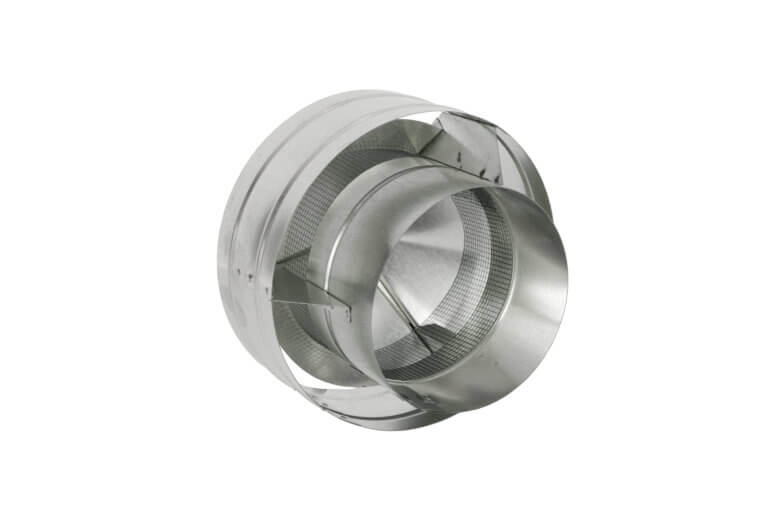 Stainless steel inline backdraft damper with a mesh screen to control airflow direction in ducts.