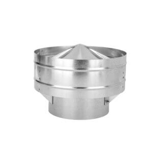 Galvanized metal chimney cap with a conical top, designed for weather protection.