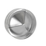 Stainless steel round backdraft damper with angled flaps to control airflow.