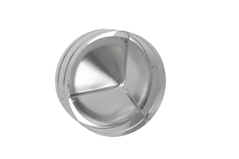 Stainless steel round backdraft damper with angled flaps to control airflow.