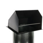 Black metal hooded wall vent with a cylindrical base for exterior ventilation.
