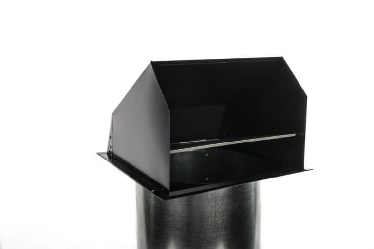 Black metal hooded wall vent with a cylindrical base for exterior ventilation.