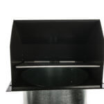 Front view of a black metal hooded wall vent with a cylindrical base.