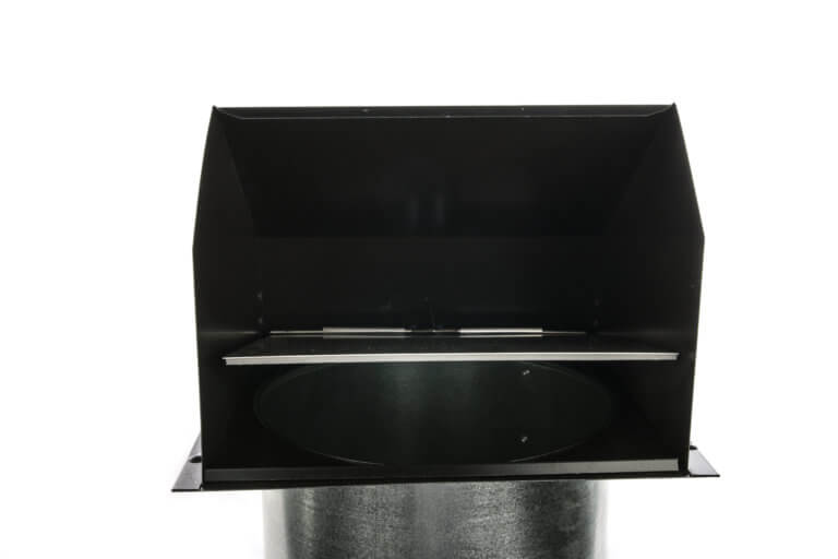 Front view of a black metal hooded wall vent with a cylindrical base.