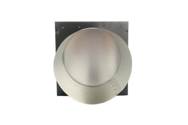 Metal wall vent with a circular opening and square mounting plate.