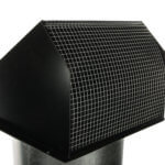 Black metal hooded wall vent with a protective wire mesh screen.