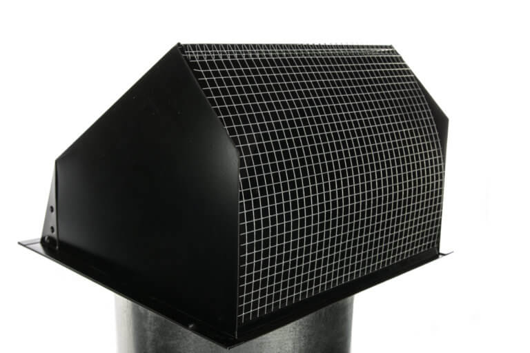 Black metal hooded wall vent with a protective wire mesh screen.