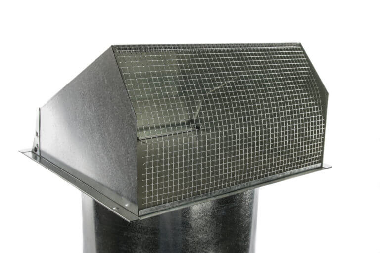 Galvanized metal hooded wall vent with a protective wire mesh screen.