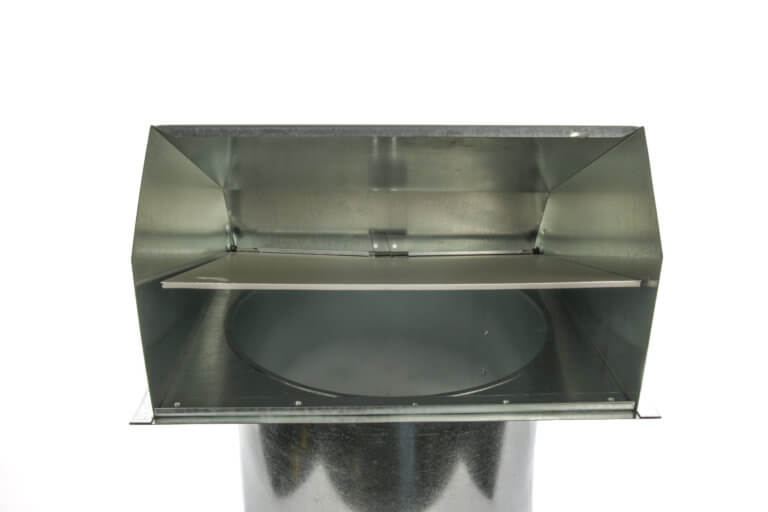 Front view of a galvanized metal hooded wall vent without a mesh screen