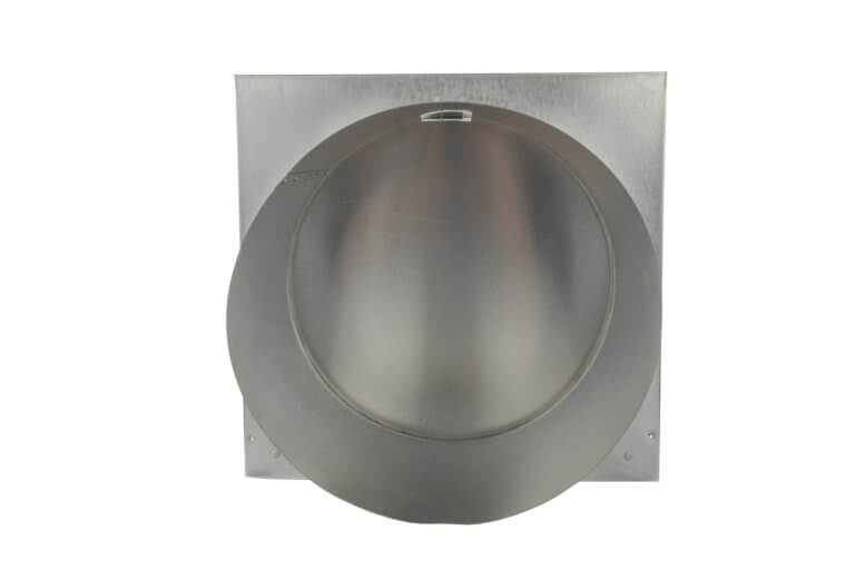 Metal wall vent with a circular collar and square mounting plate.