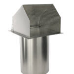 Galvanized metal hooded wall vent with a protective wire mesh screen and cylindrical base.