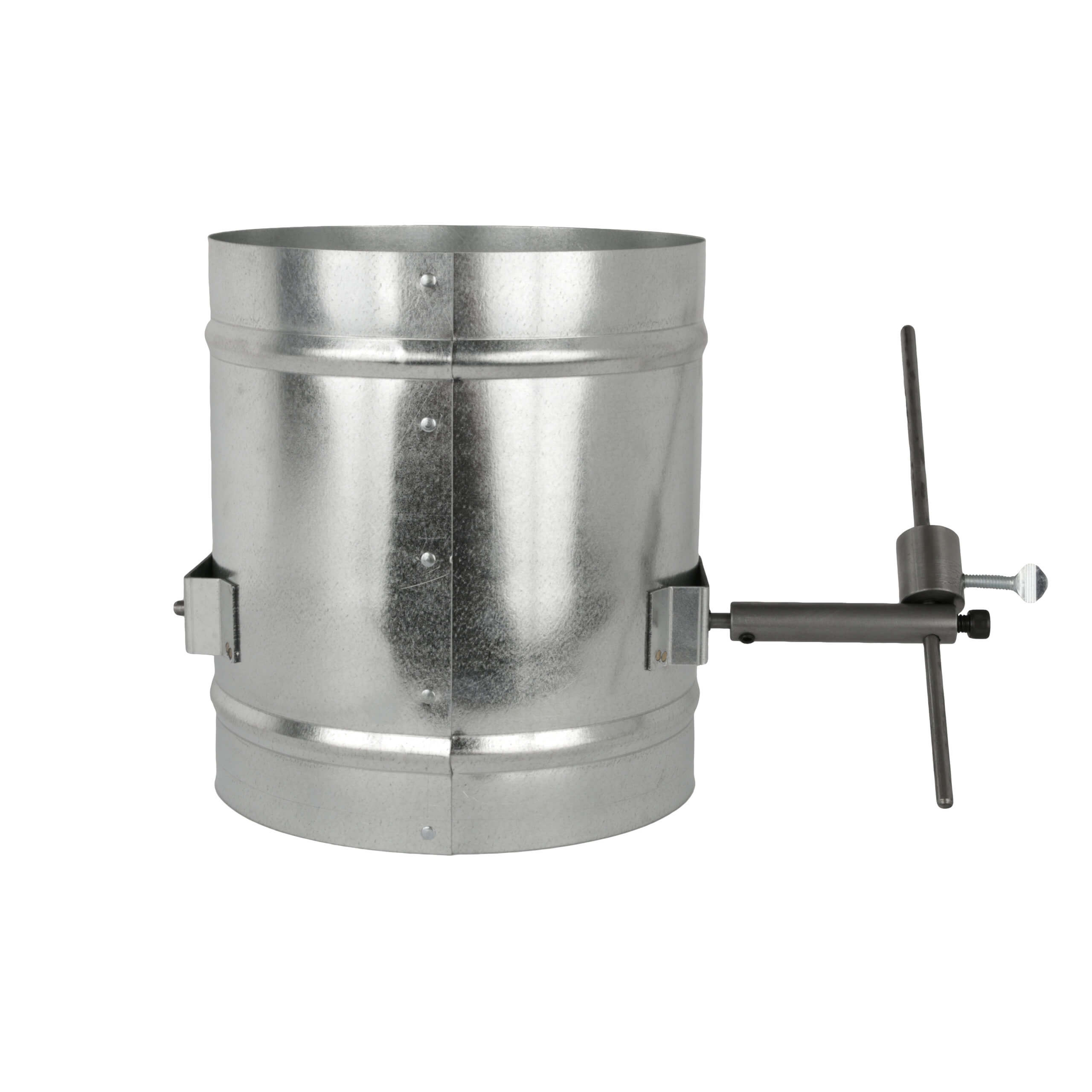 Galvanized metal duct with manual control lever for airflow adjustment.