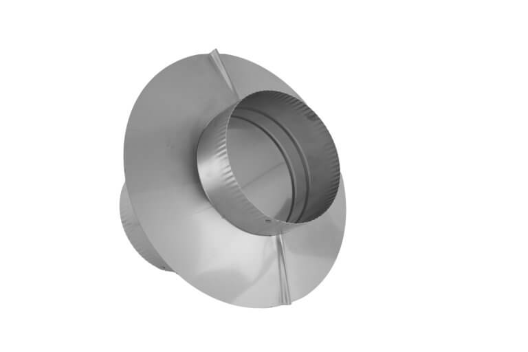 Round galvanized steel transition fitting for ductwork connections.