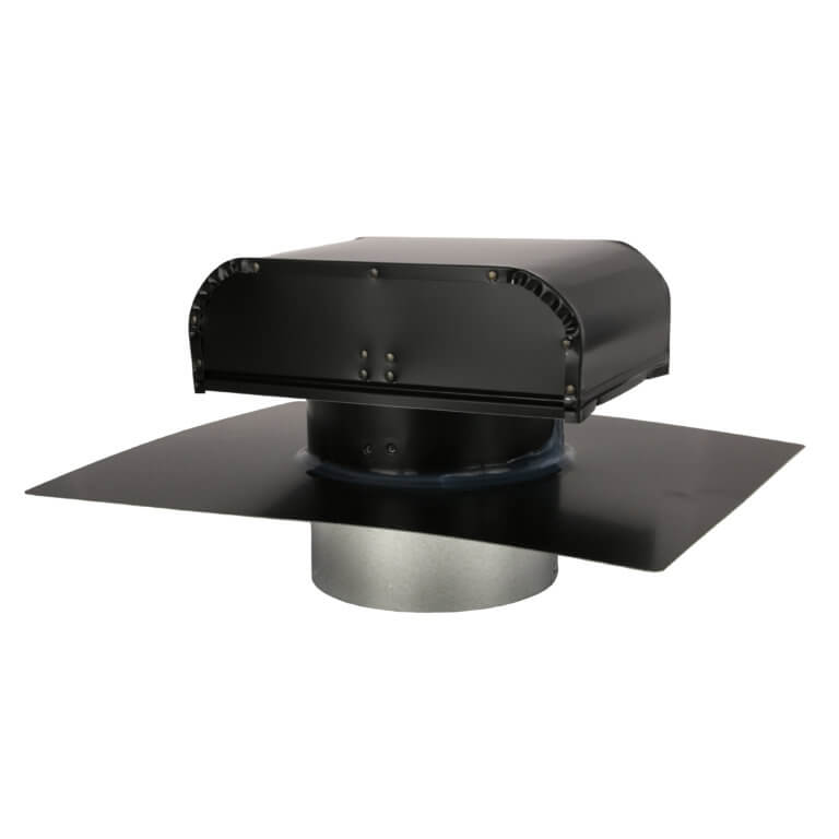 Side perspective of a black roof vent mounted on a flat base.