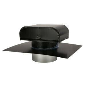 Side perspective of a black roof vent mounted on a flat base.