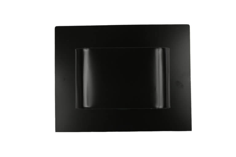 Top view of a black roof vent with a square base.