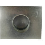 Bottom view of a galvanized steel duct collar with a square base.