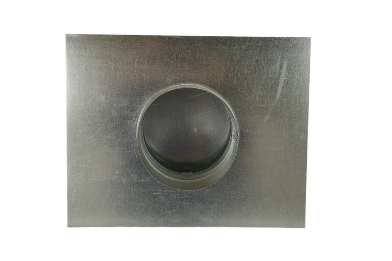 Bottom view of a galvanized steel duct collar with a square base.