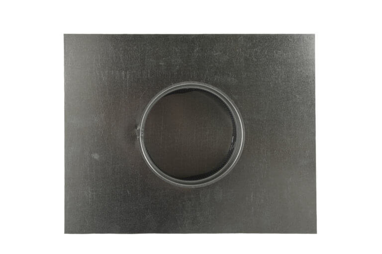 Underside of a galvanized HVAC vent cap featuring a round duct connection.