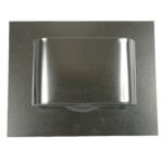 Top view of a galvanized J vent cover with a flat base and curved hood.