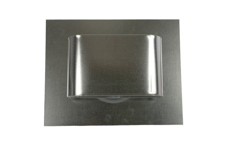 Top view of a galvanized J vent cover with a flat base and curved hood.