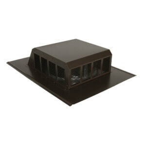Side view of a brown low-profile roof vent with louvered sides and a flat base.