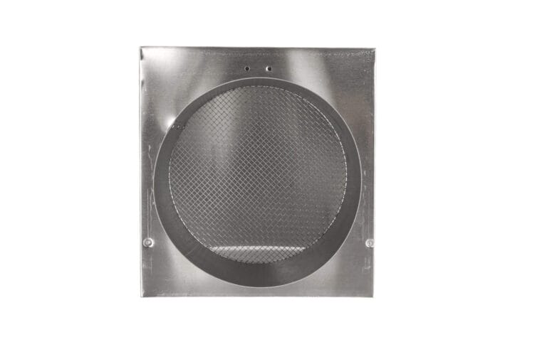 Front view of a galvanized steel vent with a circular mesh screen.
