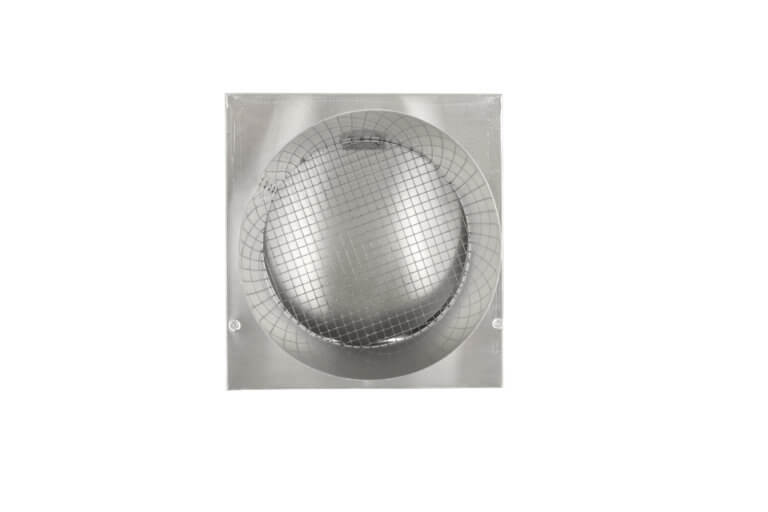 Bottom view of FAMCO Hooded Wall Vent with Screen and Damper in aluminum.