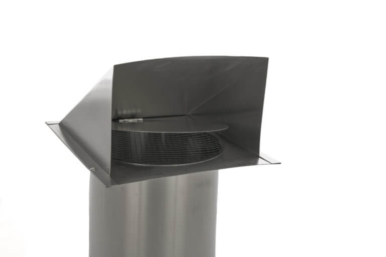 Inside diagonal view of FAMCO Hooded Wall Vent with Screen and Damper in aluminum.