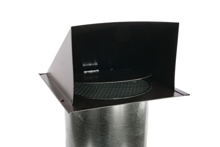 Inside shot of FAMCO Hooded Wall Vent with Screen and Damper in brown painted steel.