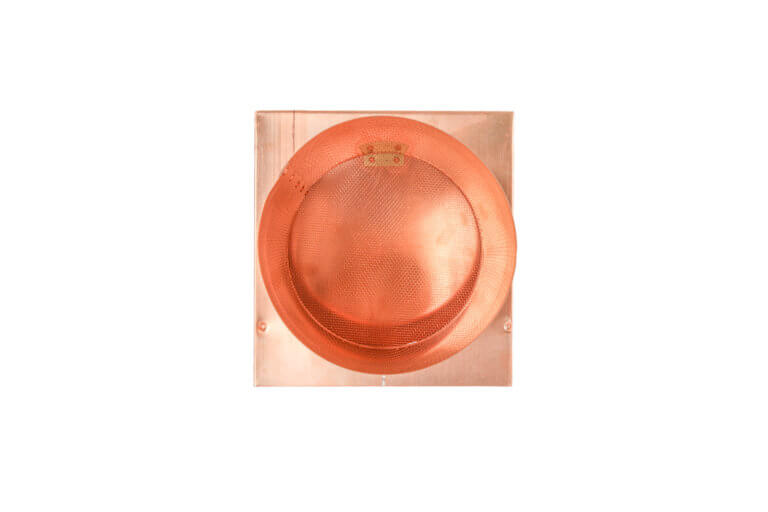 Bottom view of the hooded wall vent with screen and damper in copper.