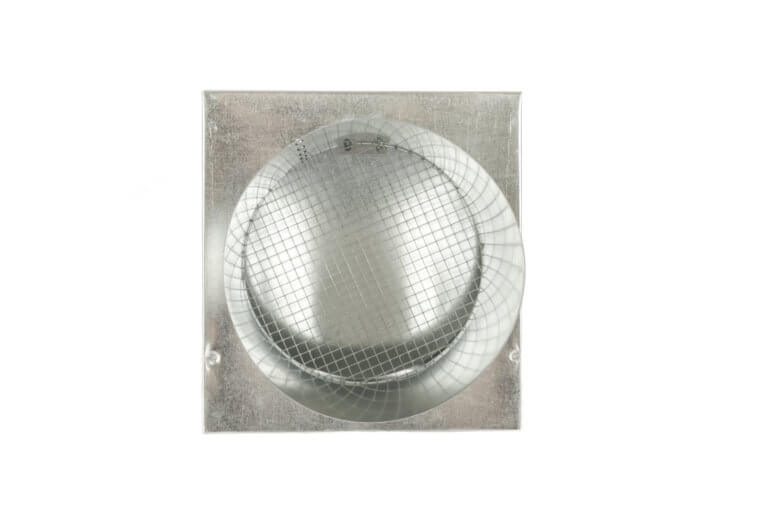 Bottom view of FAMCO hooded wall vent with screen and damper in galvanized steel.
