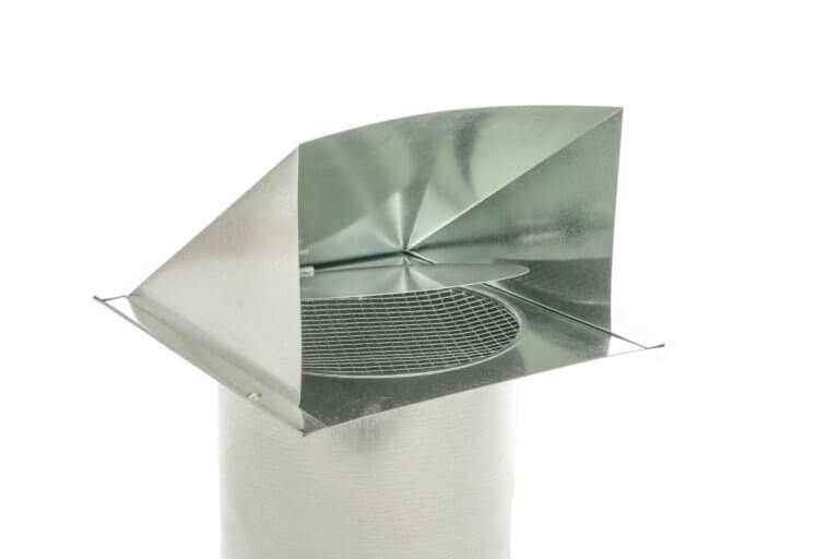 Inside view of FAMCO hooded wall vent with screen and damper in galvanized steel.