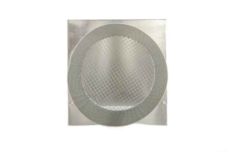 Square metal vent with a circular mesh grille in the center.