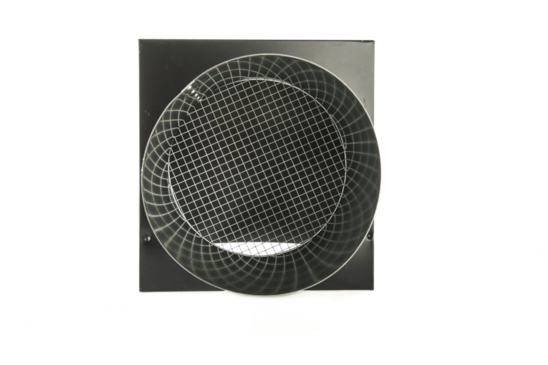 Black hooded wall vent with mesh screen, without damper.