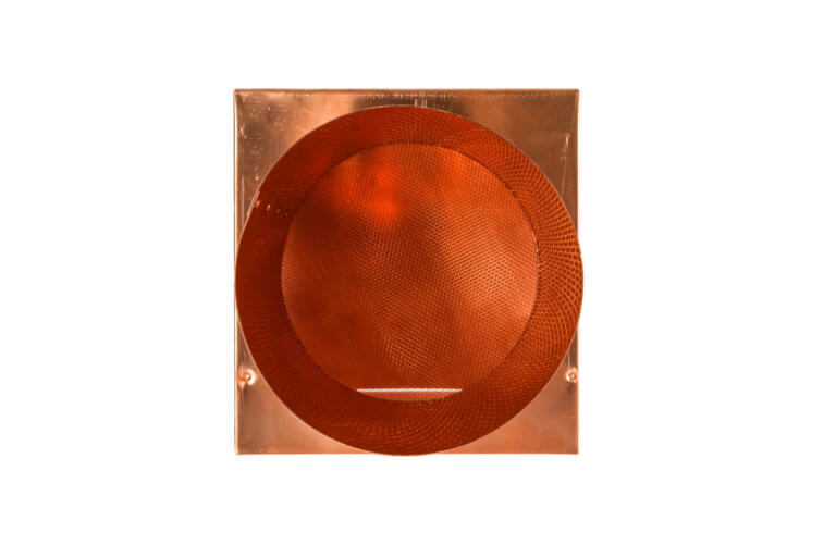 Bottom view of FAMCO hooded wall vent with screen in copper.