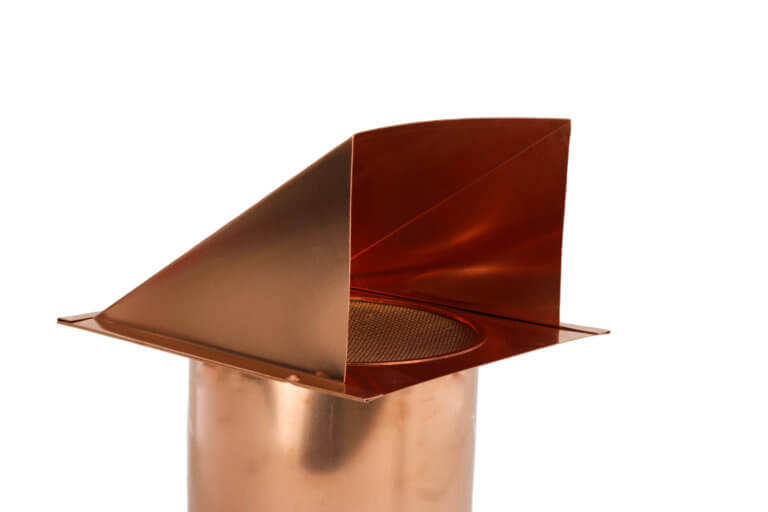 Side inside view of FAMCO hooded wall vent in copper.