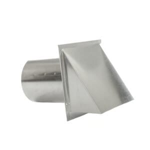 Angled view of a metallic wall vent with a square hood and cylindrical duct.