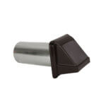 Angled view of a plastic dryer vent with hood, damper, and metal pipe.