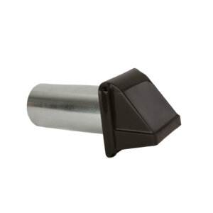 Angled view of a plastic dryer vent with hood, damper, and metal pipe.