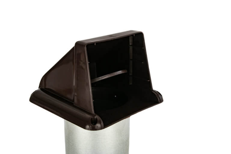 Angled perspective of a dryer vent showcasing its hood and internal damper.